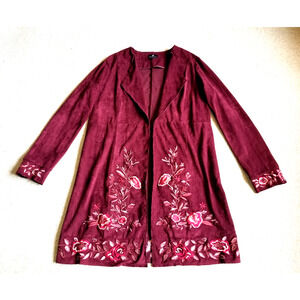 Womens Jacket/Topper-CURATIONS-burgundy washable suede floral embroidered BOHO-M